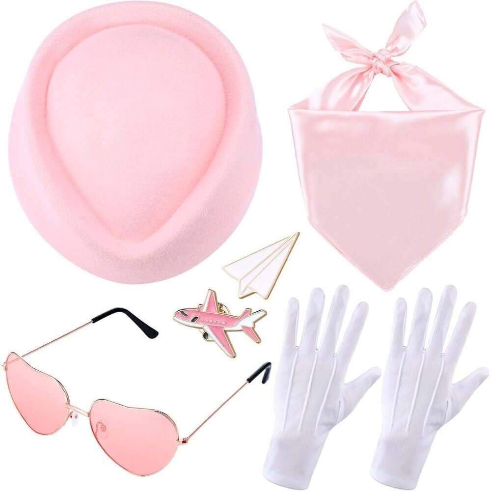 Women Flight Attendant Costume Accessories Set Hat Scarf Gloves Pins for Parties